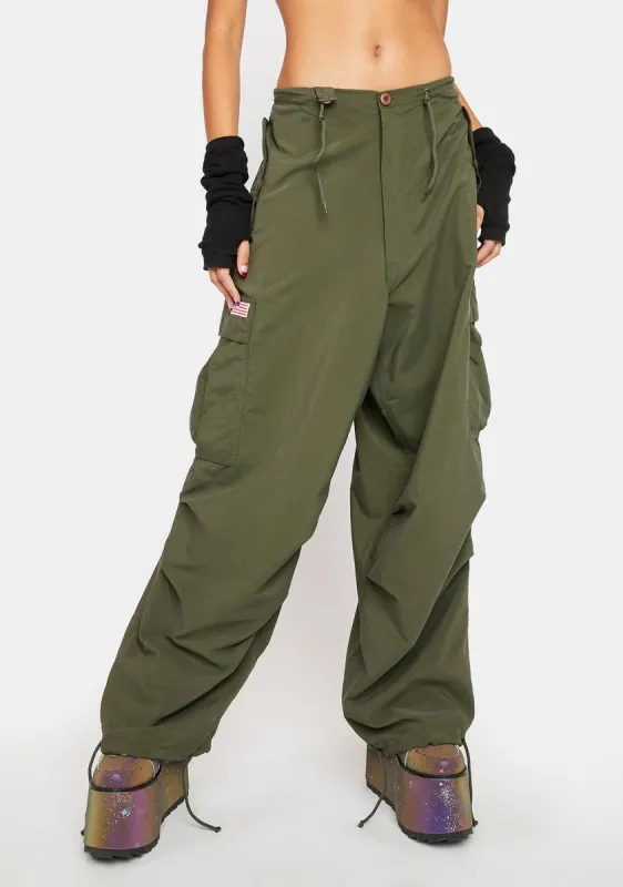 Olive Micro Twill Wind Pants sold by Dolls Kill