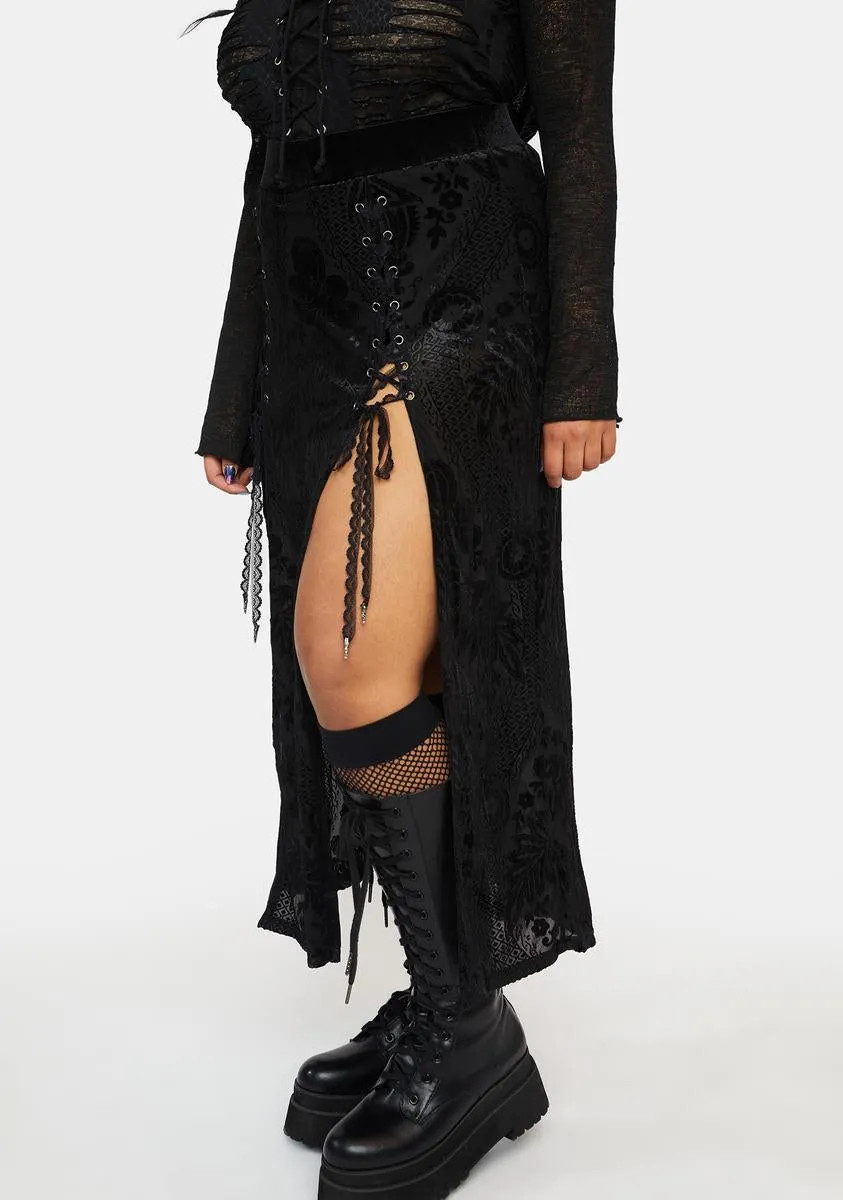 Plus Swallow Tail Velvet Split Midi Skirt sold by Dolls Kill