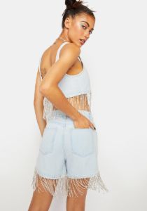 Denim Shorts With Diamante Fringe sold by Dolls Kill