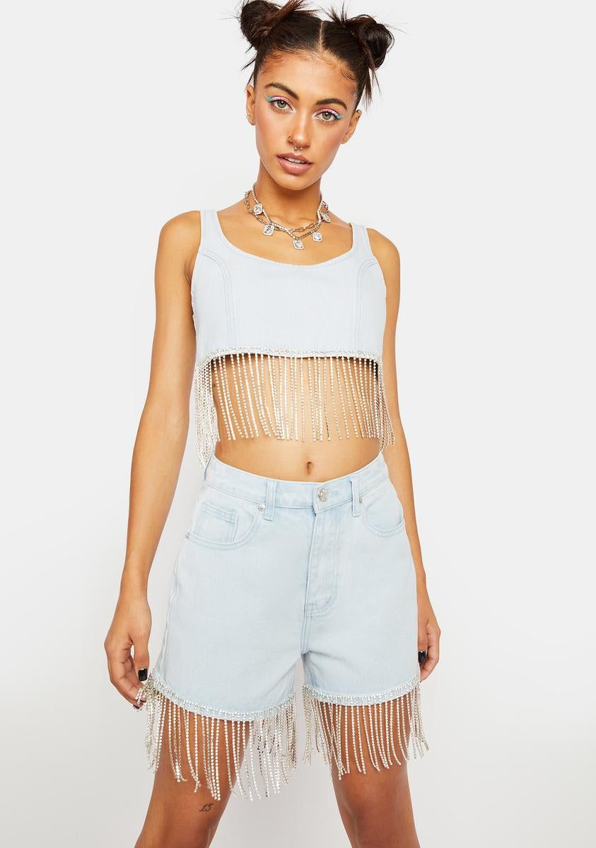 Denim Shorts With Diamante Fringe sold by Dolls Kill