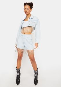 Denim Shorts With Diamante Fringe sold by Dolls Kill