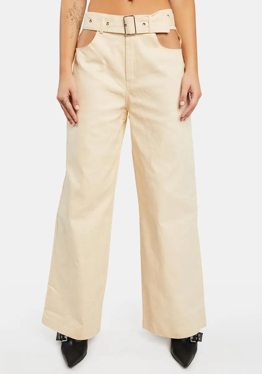 Cream Belted Cut Out Pants sold by Dolls Kill