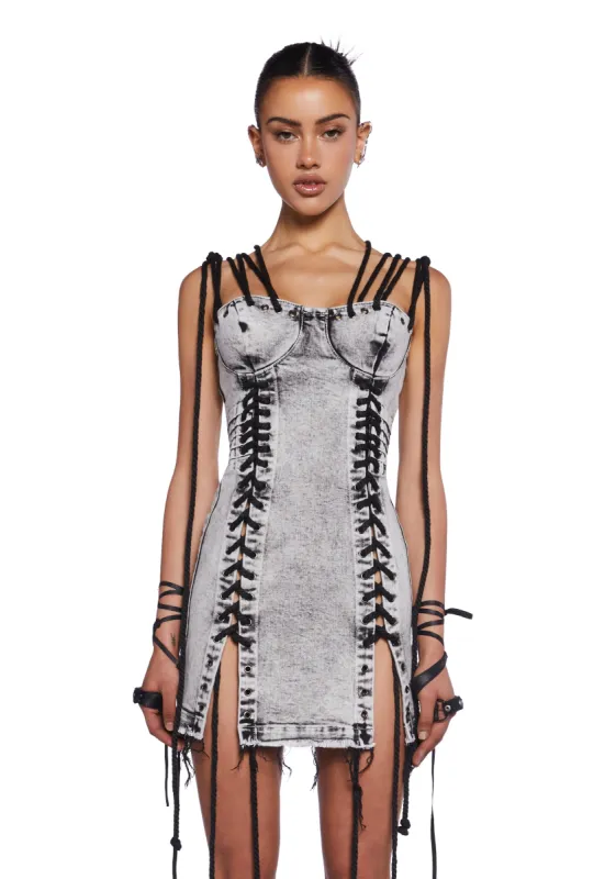 Charged  Lace-Up Denim Dress sold by Dolls Kill