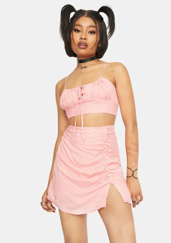 Pink Ruched Mini Skirt sold by Dolls Kill