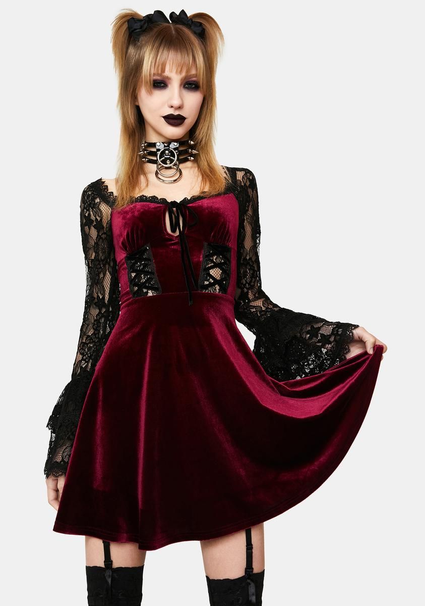 Burgundy Lace Sleeve Mini Dress sold by Dolls Kill