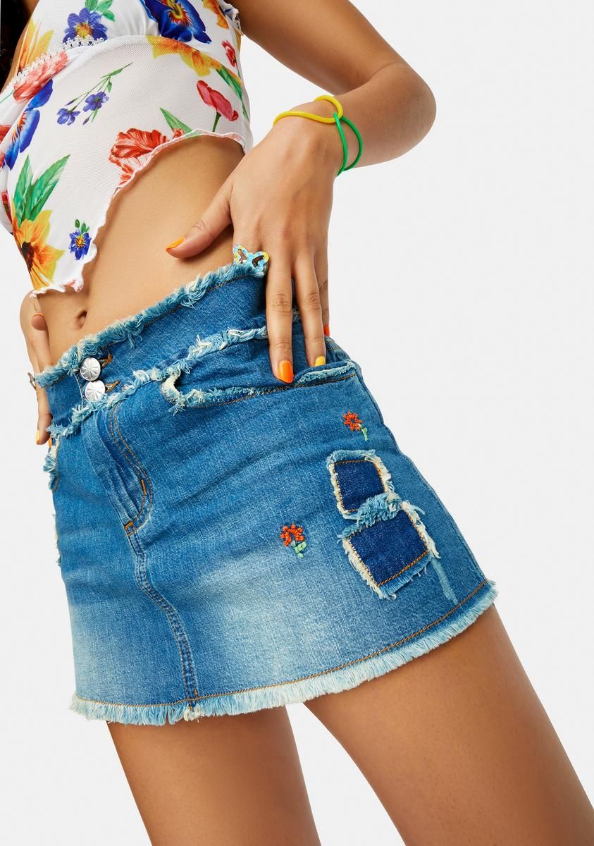 Freak Flag Fly Embroidered Denim Mini Skirt sold by Dolls Kill