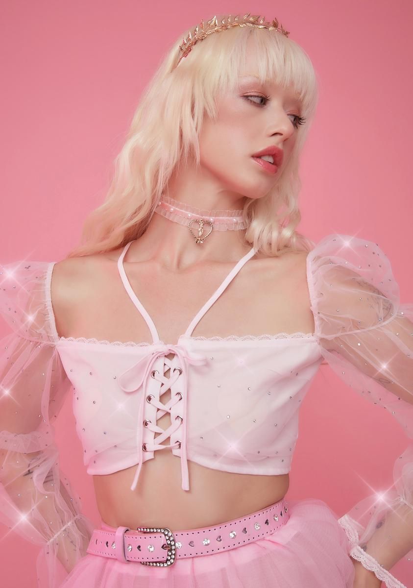 Star Signs Rhinestone Puff Sleeve Crop Top sold by Dolls Kill