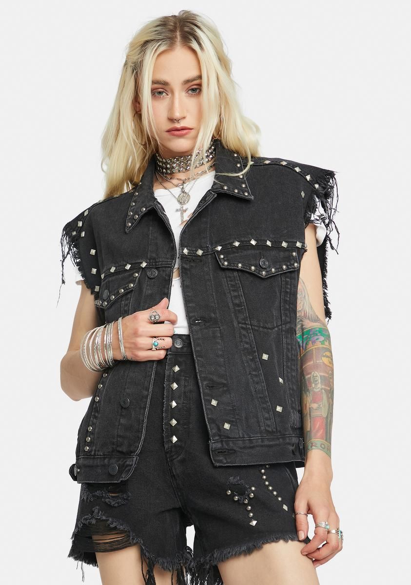 Hands On Distressed Denim Vest sold by Dolls Kill