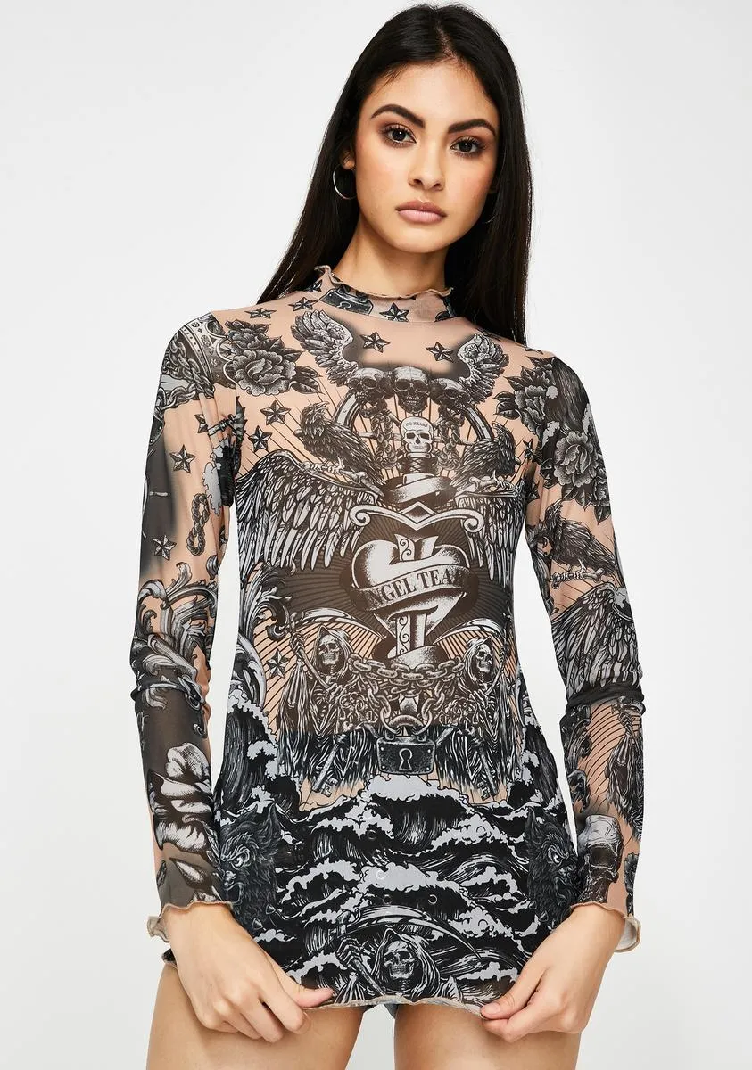 Tattoo Print Mesh Top sold by Dolls Kill