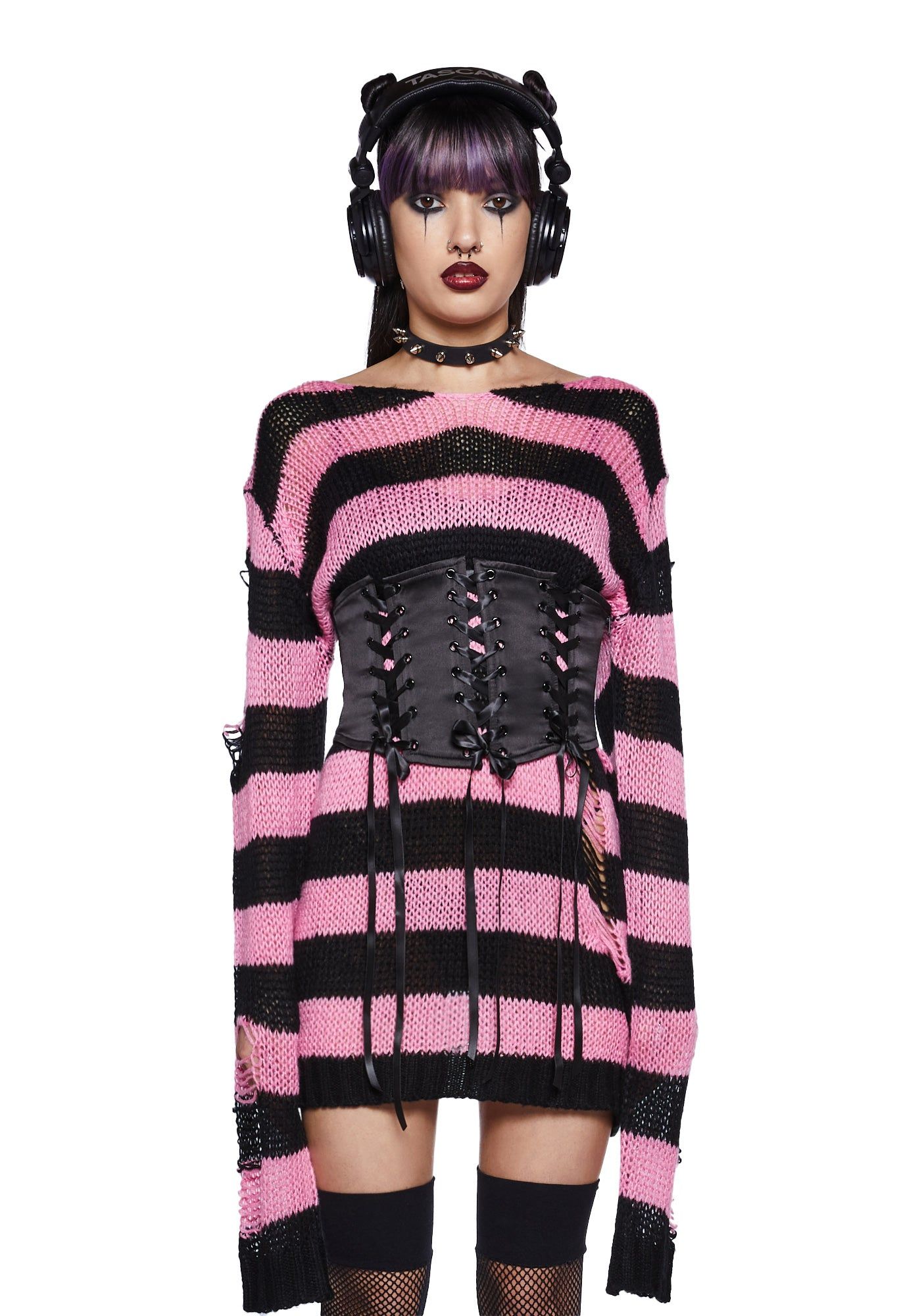 Darling Of Darkness Striped Sweater - Black/Pink sold by Dolls Kill