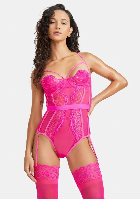 In The Pink Lace & Mesh Garter Teddy sold by Dolls Kill