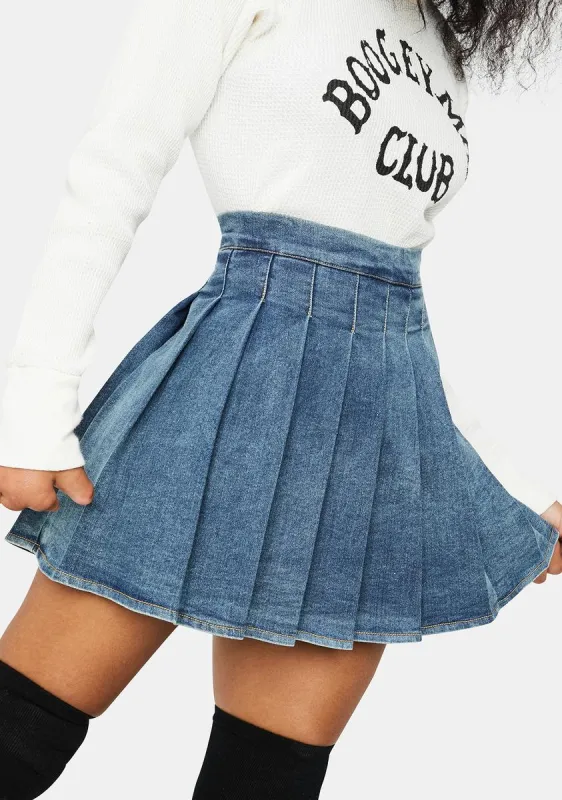 Indigo Daring Denim Pleated Skirt sold by Dolls Kill