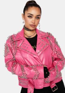 Plus Pink Sofi Studded Moto Jacket sold by Dolls Kill