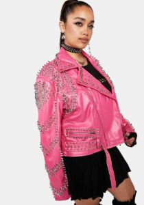 Plus Pink Sofi Studded Moto Jacket sold by Dolls Kill