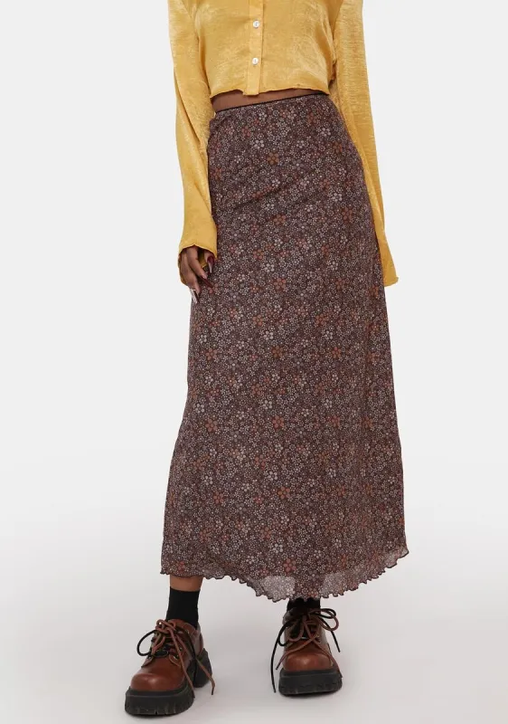 Flower Garden Brown Rindu Maxi Skirt sold by Dolls Kill