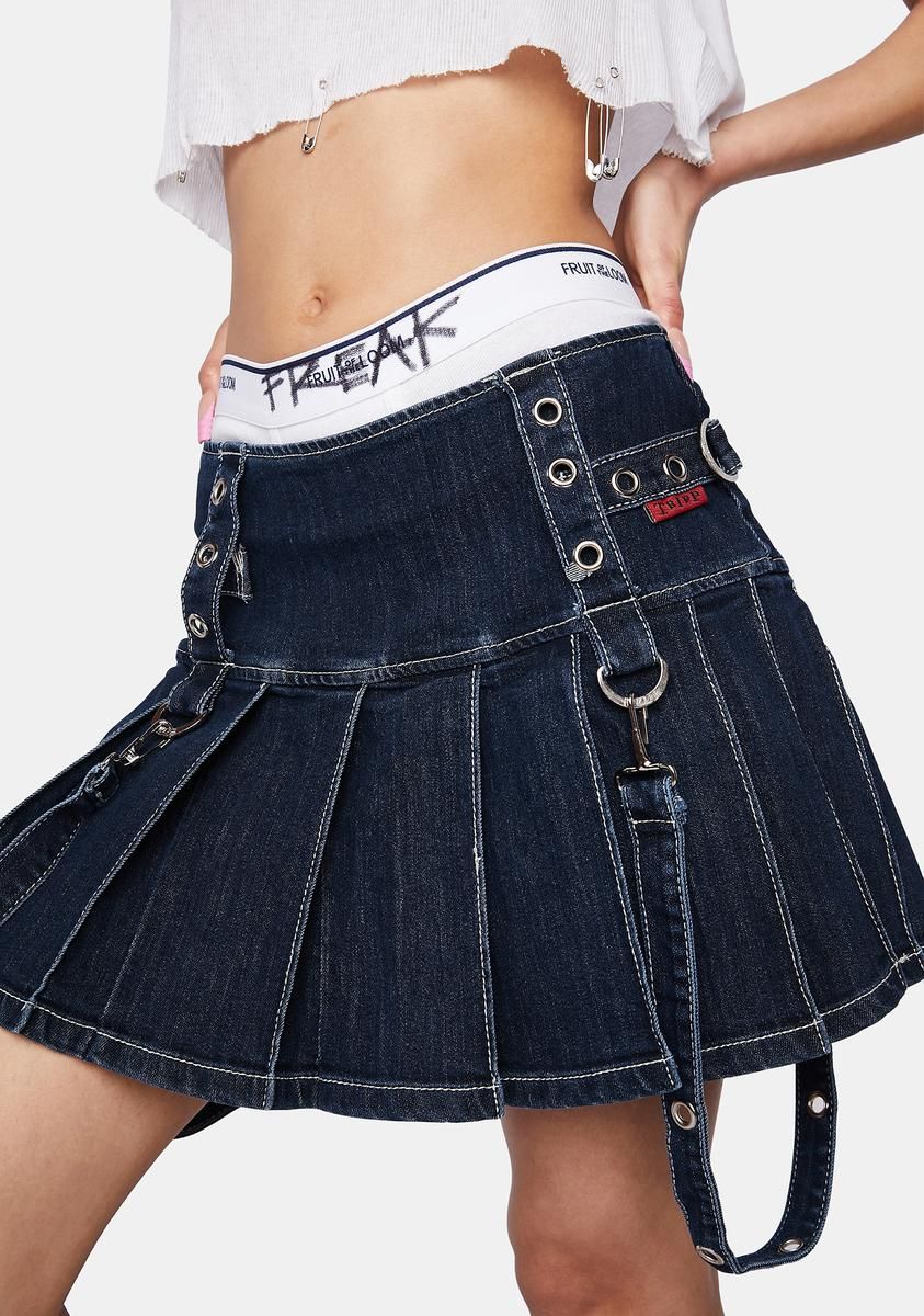 Denim Pleated Bondage Skirt sold by Dolls Kill