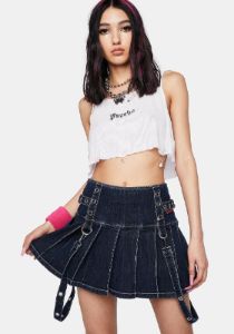 Denim Pleated Bondage Skirt sold by Dolls Kill
