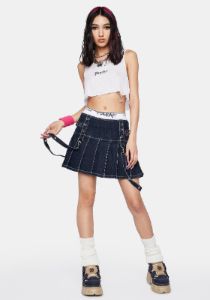 Denim Pleated Bondage Skirt sold by Dolls Kill