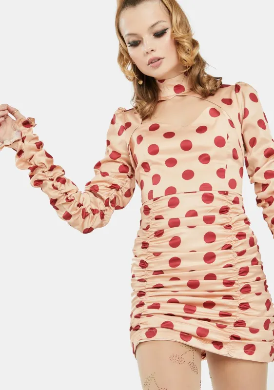 Peach Polka Dot Ruched Mini Dress sold by Dolls Kill