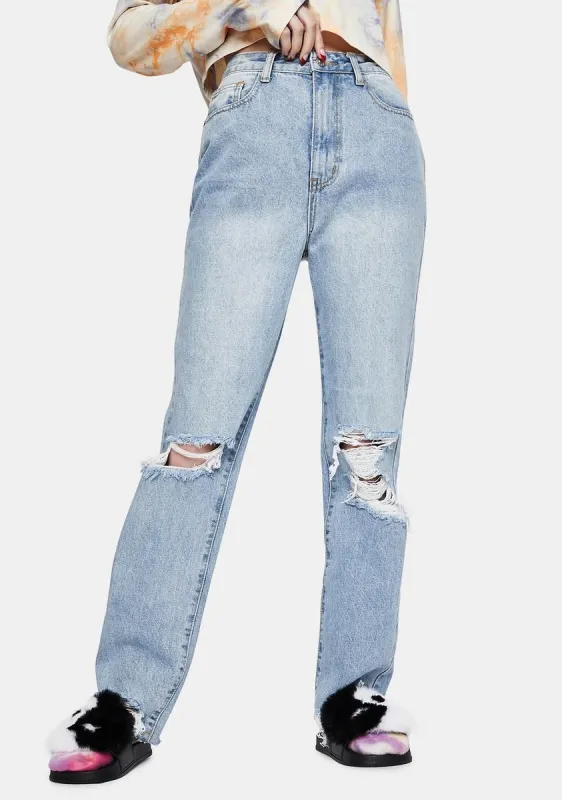 Distressed Light Wash Straight Leg Jeans sold by Dolls Kill
