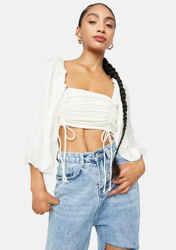 Blanc Believe In Me Ruched Crop Top sold by Dolls Kill