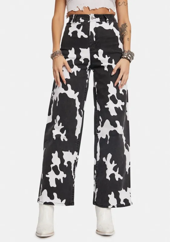 Remi Cow Print Wide Leg Jeans sold by Dolls Kill