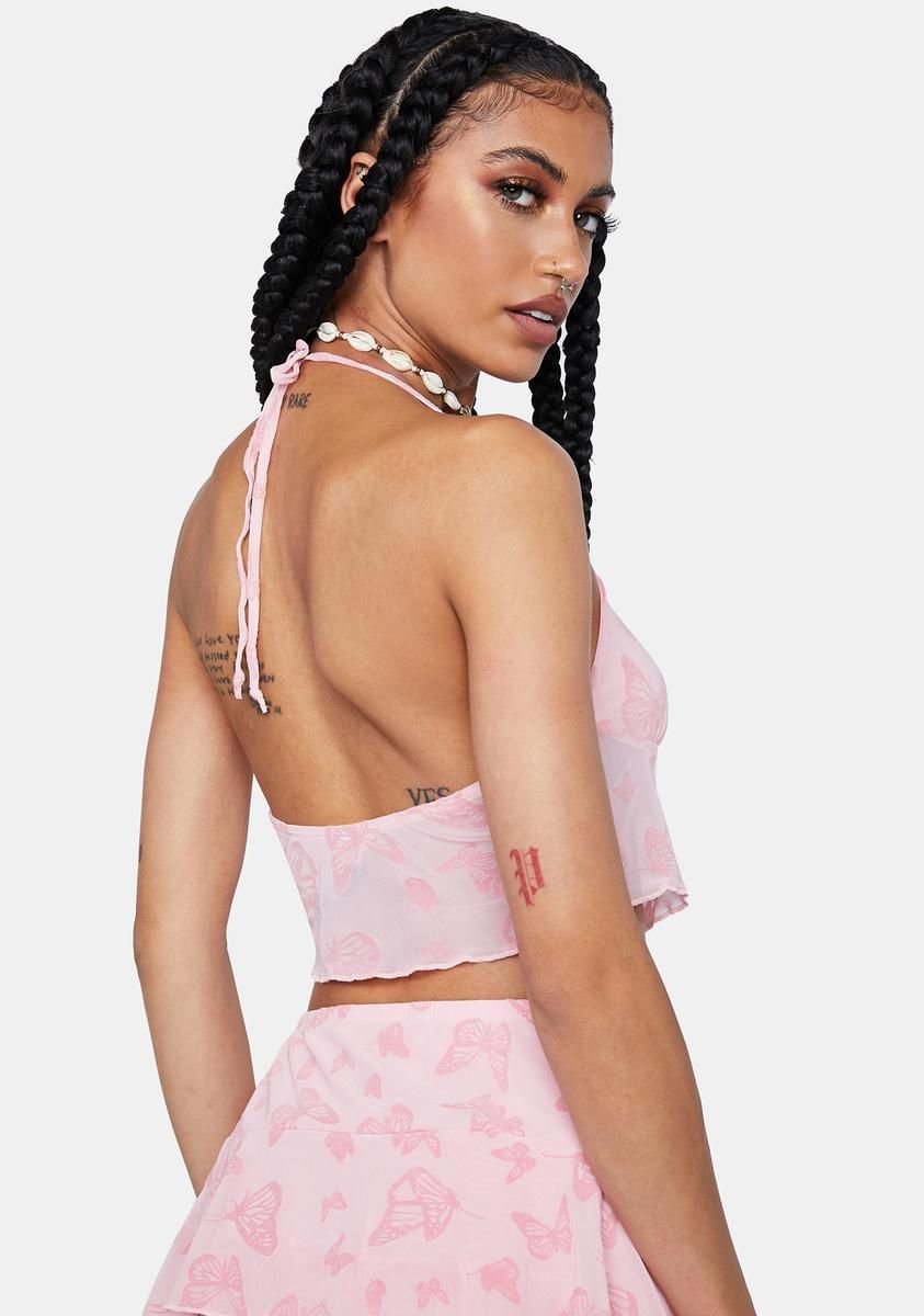 Butterfly Pink Flock Shara Crop Top sold by Dolls Kill product image thumbnail 4