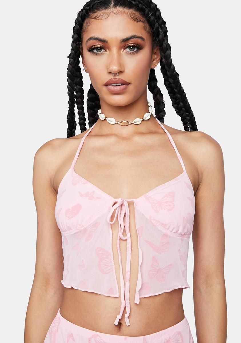 Butterfly Pink Flock Shara Crop Top sold by Dolls Kill