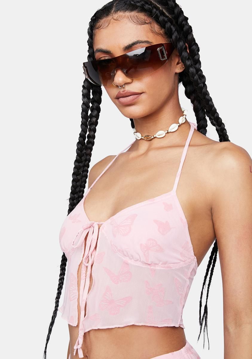 Butterfly Pink Flock Shara Crop Top sold by Dolls Kill product image thumbnail 2