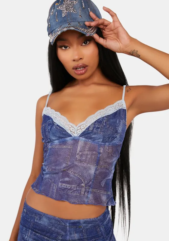 Denim Printed Lace Mesh Top made by Edikted
