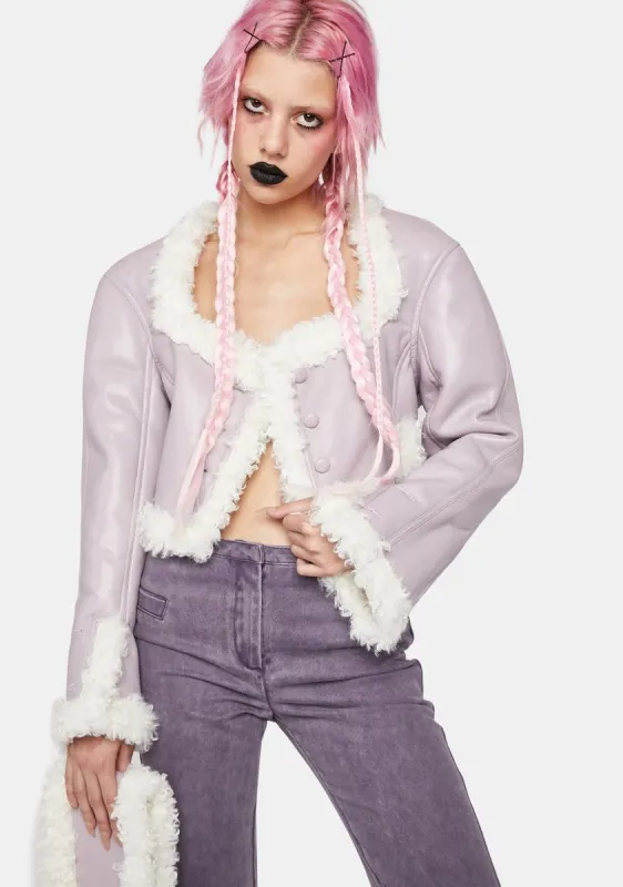 Lilac Leather And White Faux Fur Double Sided Cropped Coat sold by Dolls Kill