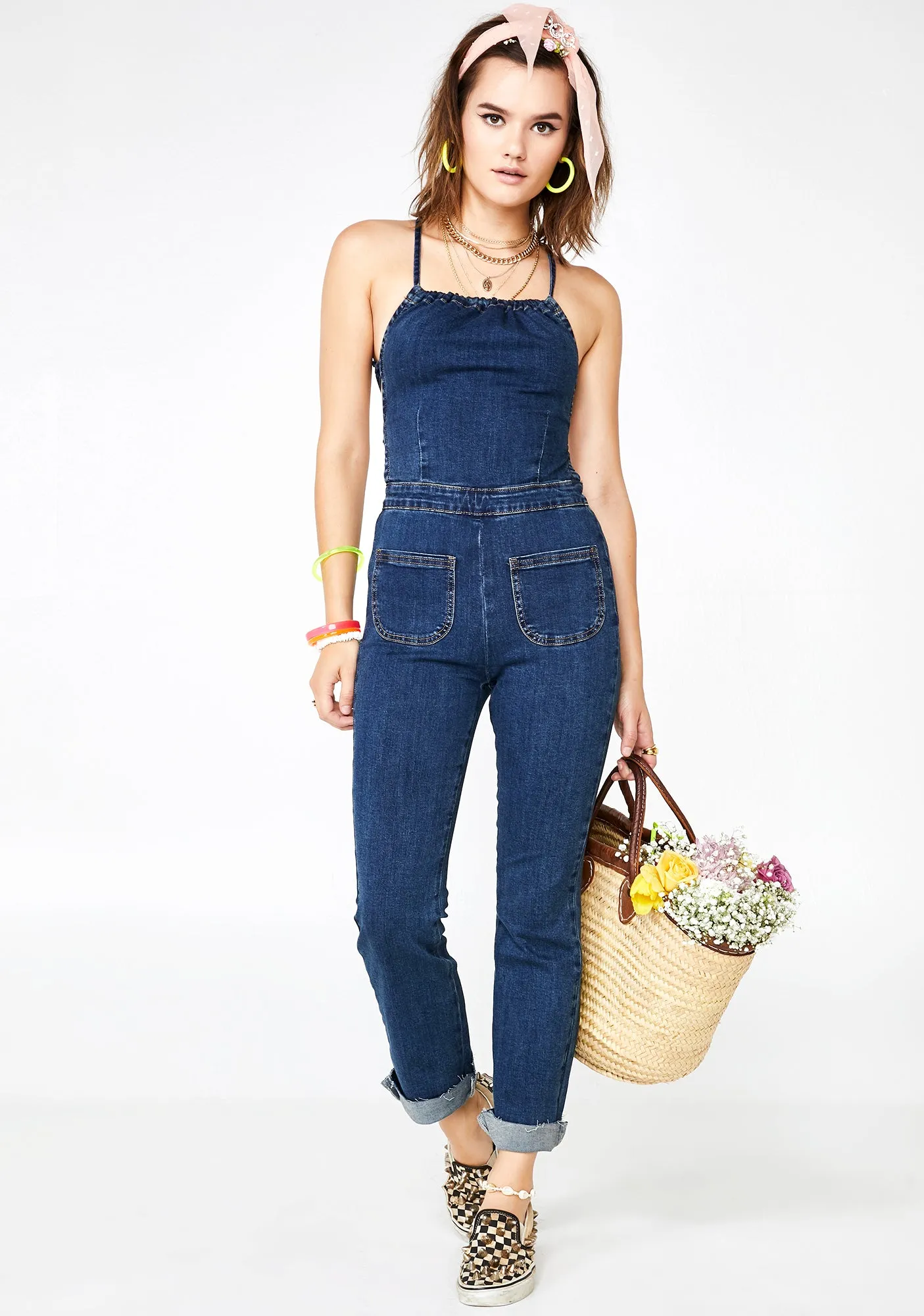 Carnation Trip Denim Jumpsuit sold by Dolls Kill