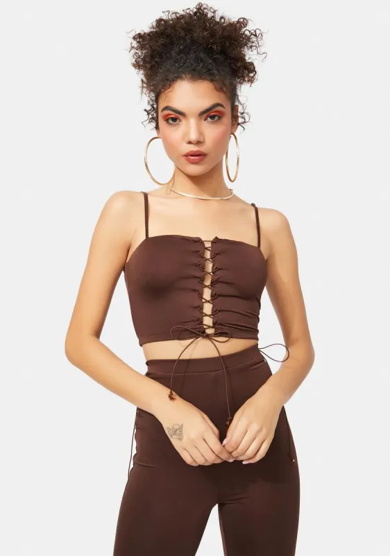 Cognac Gotta Be Real Lace Up Legging Set sold by Dolls Kill