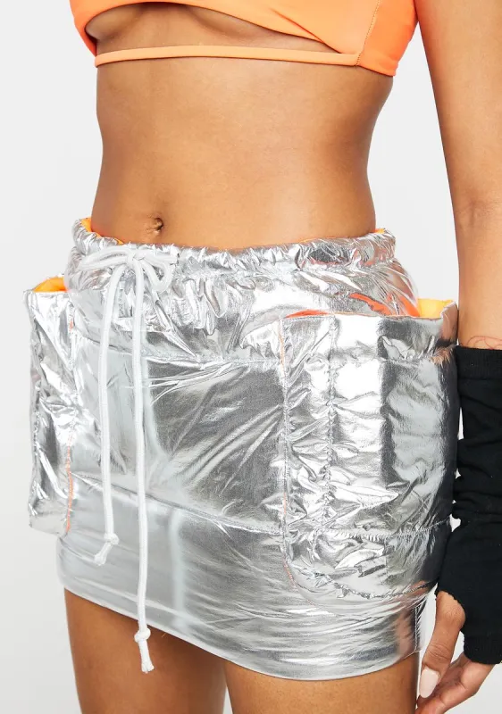 Foil Unstoppable Now Puffer Mini Skirt sold by Dolls Kill
