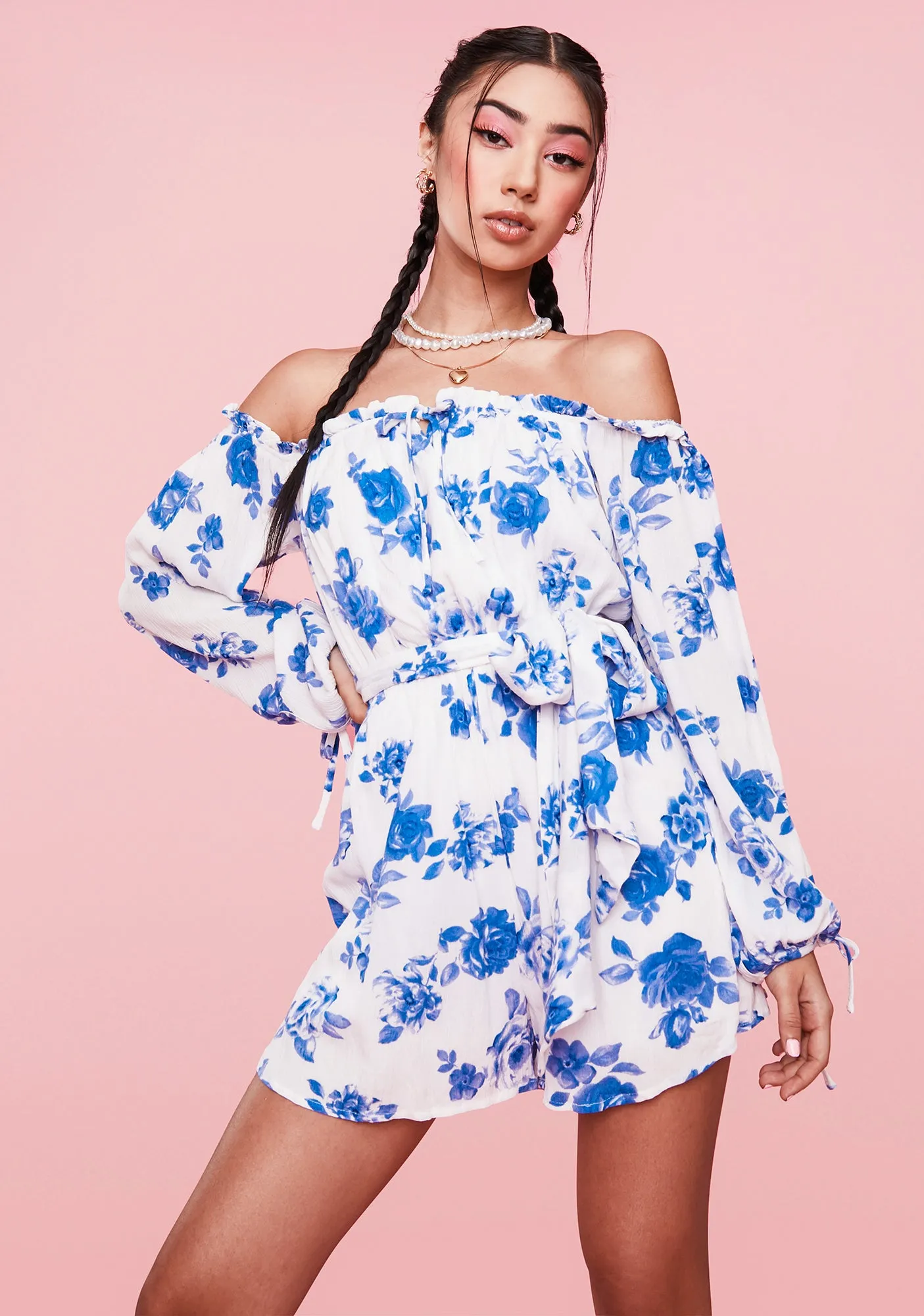 Perfect Poise Floral Off Shoulder Romper sold by Dolls Kill