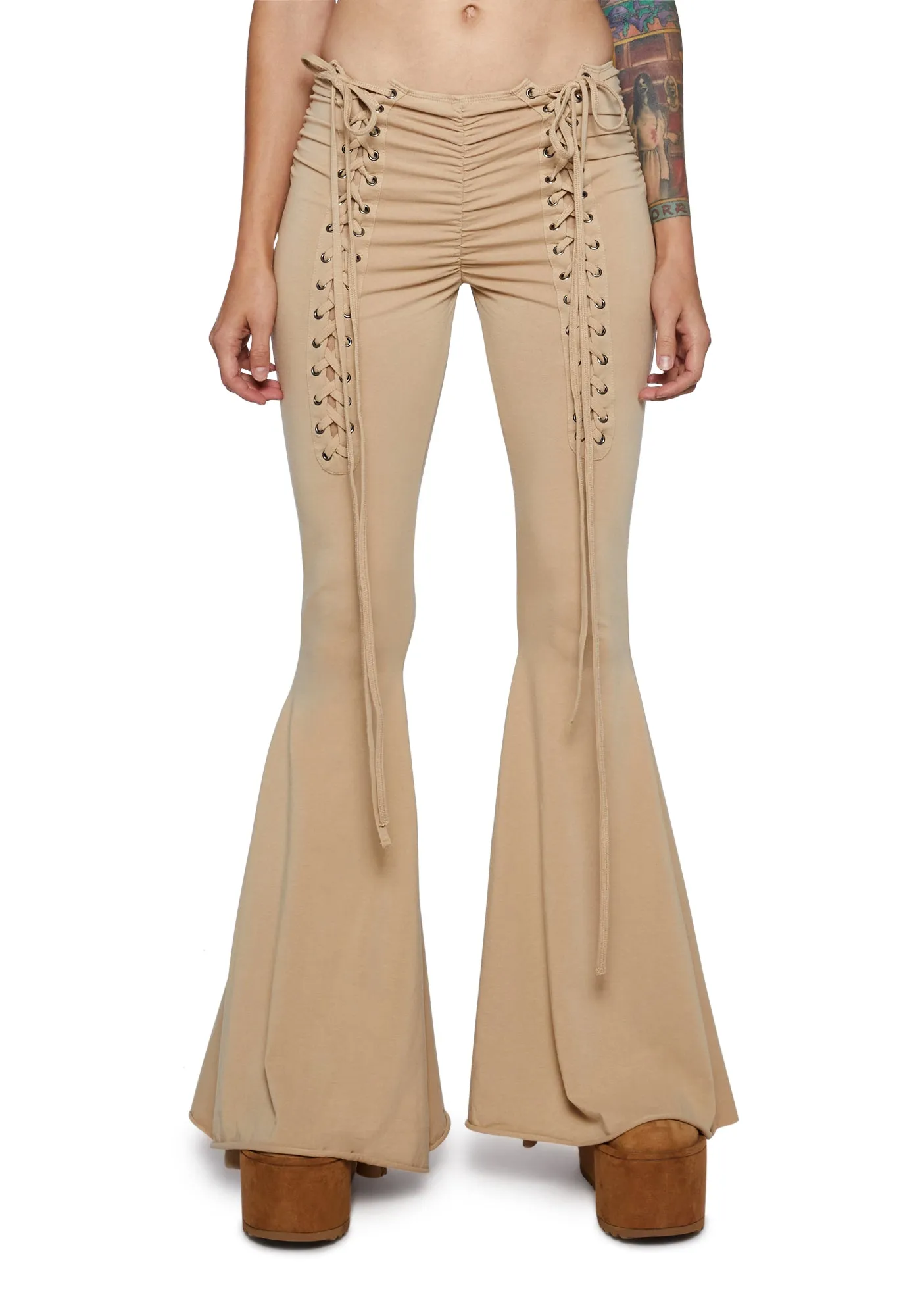Tempo V-Cut Lace Up Bell Bottoms sold by Dolls Kill