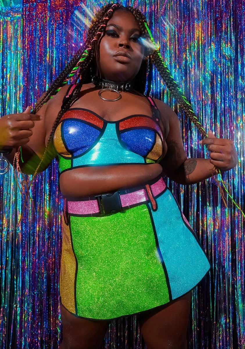 Plus Rainbow Runner Glitter Mini Skirt sold by Dolls Kill