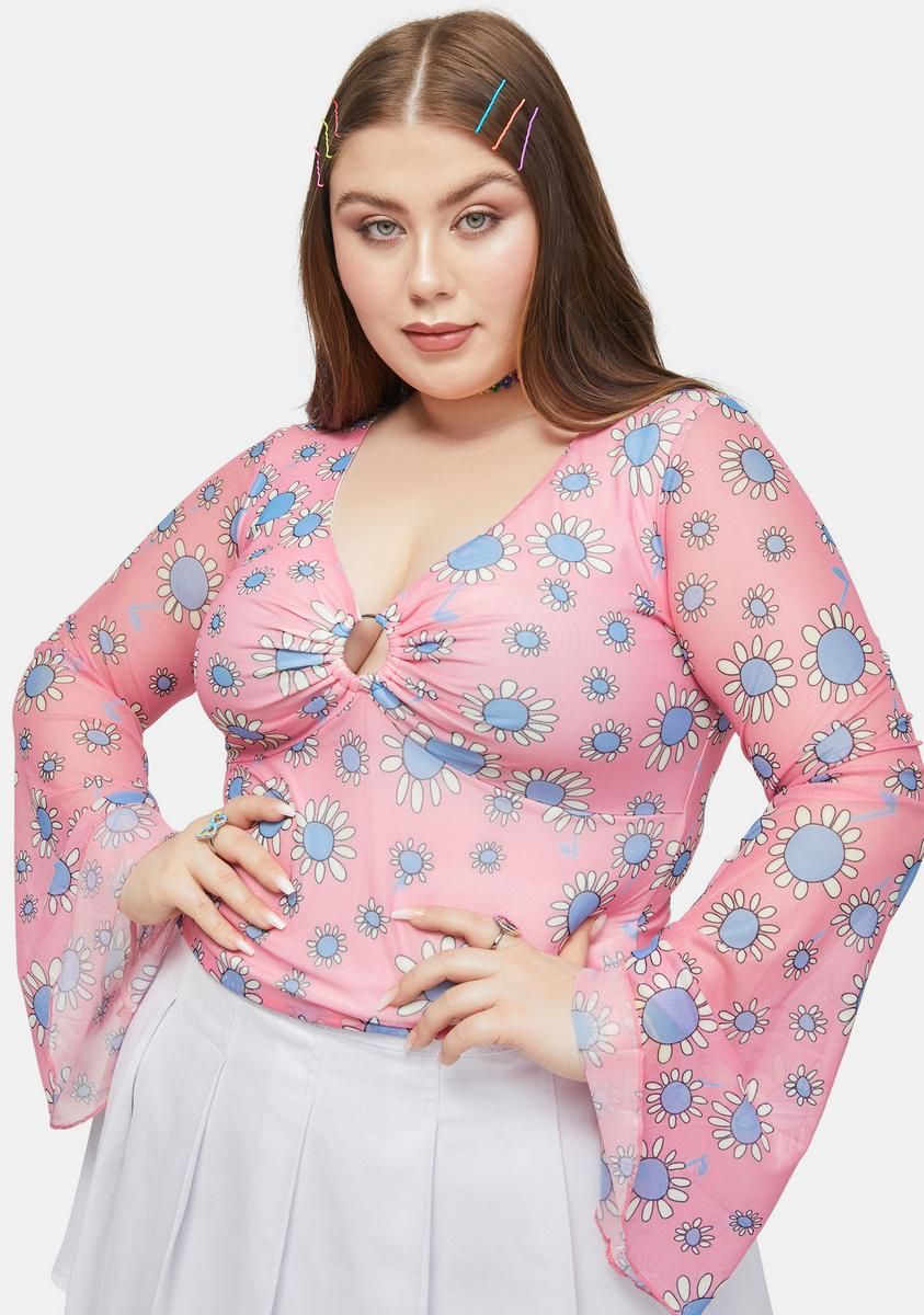 Plus Mellow Mindset Mesh Floral Print Crop Top sold by Dolls Kill