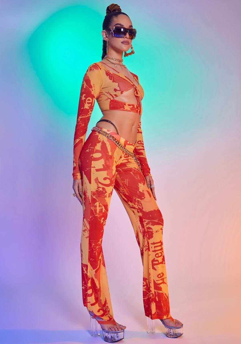 Orange Tonal Ripped Magazine Print Mesh Trousers sold by Dolls Kill product image thumbnail 3