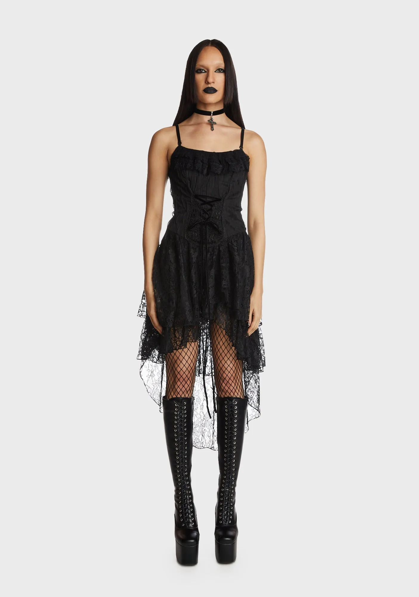Gothic Ghost Frilly Lace High Low Strap Dress sold by Dolls Kill