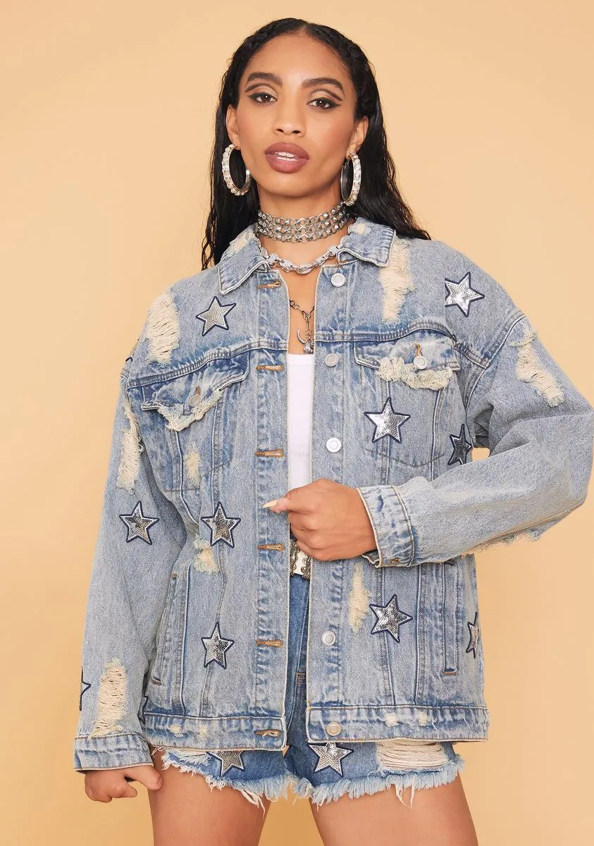 Star Power Distressed Denim Jacket sold by Dolls Kill