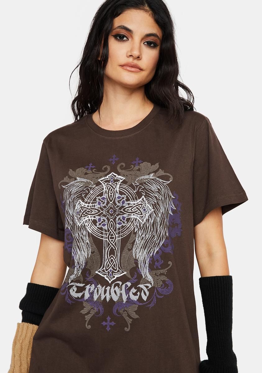 Winged Cross Brown Tee sold by Dolls Kill