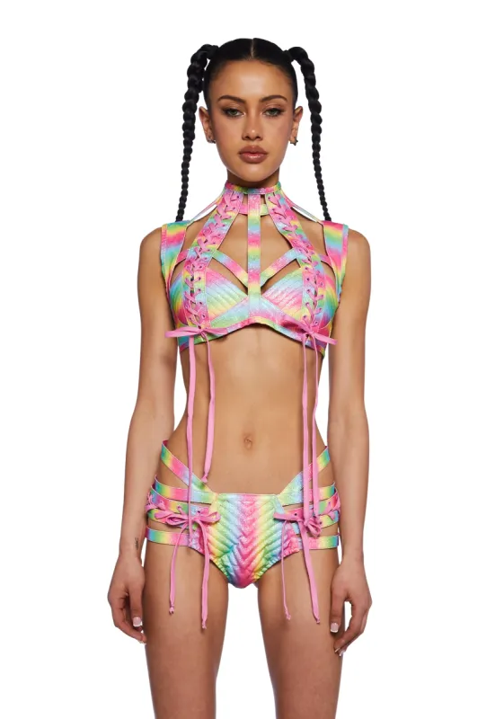 Rude Awakening Harness Bra Top - Glitter Rainbow sold by Dolls Kill