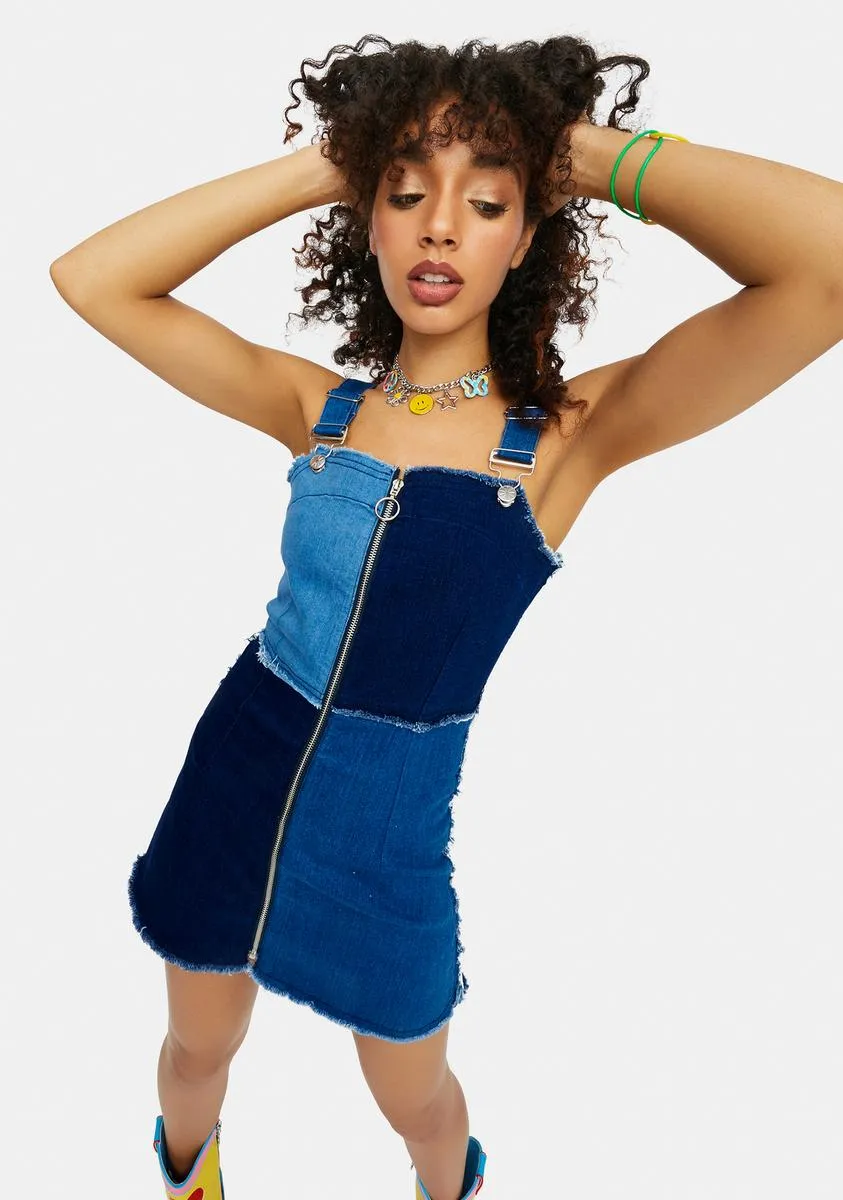 Raise The Vibration Patchwork Twill Overall Dress sold by Dolls Kill