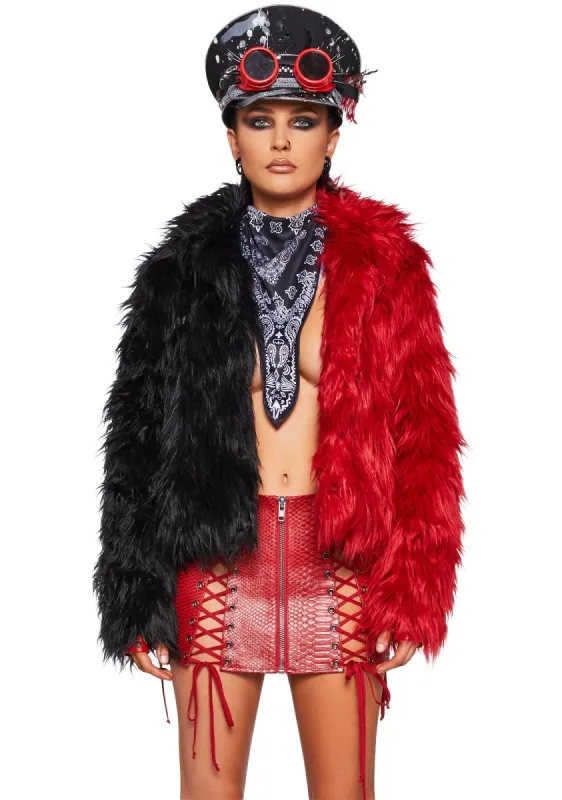 Balancing Act Faux Fur Jacket - Red/Black sold by Dolls Kill