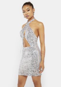 Chrome Hit The Club Sequin Halter Dress sold by Dolls Kill