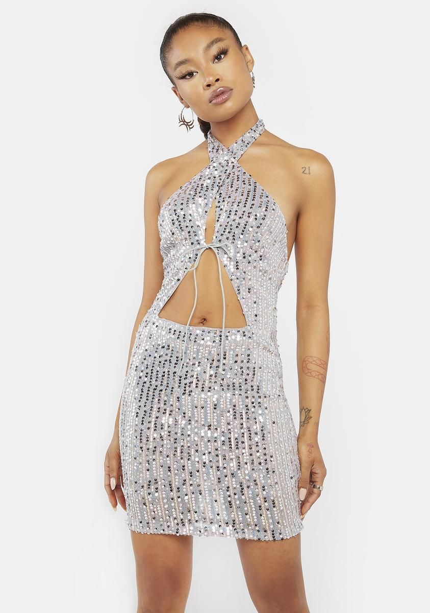 Chrome Hit The Club Sequin Halter Dress sold by Dolls Kill