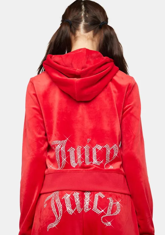 Coco Red Rhinestone Logo Zip-Up Hoodie sold by Dolls Kill