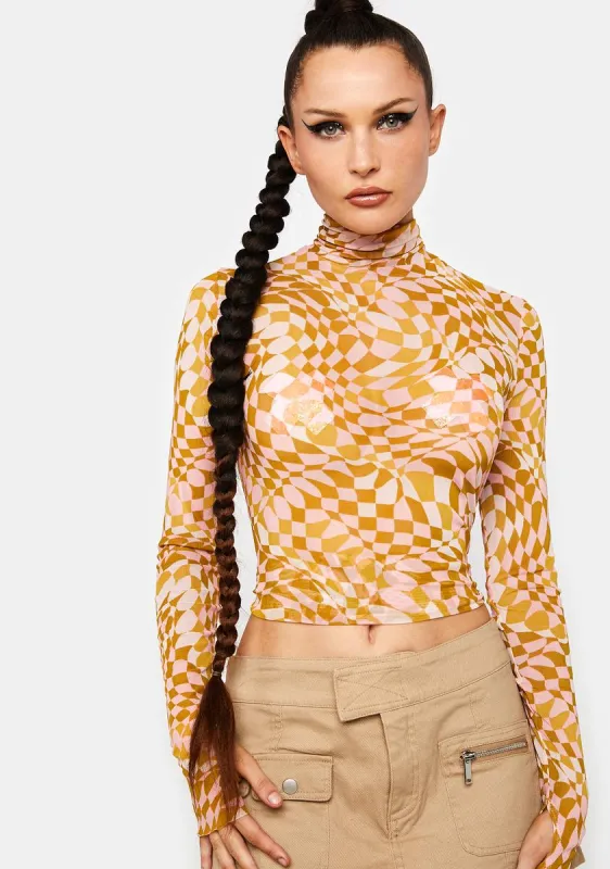 Blush Checkerboard Zadie Mesh Turtleneck Top sold by Dolls Kill