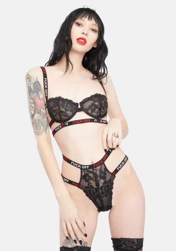 Fuck Off Lace Bra And Cut-Out Panty Set sold by Dolls Kill